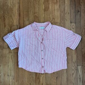 Alex & Jordan Womens Button-Up Shirt M Pink/White Striped Short Sleeve Collared